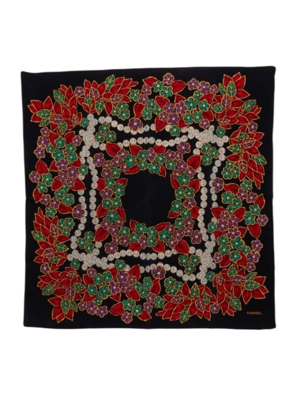 Chanel Pattern Scarf Large Black Multicolor Silk